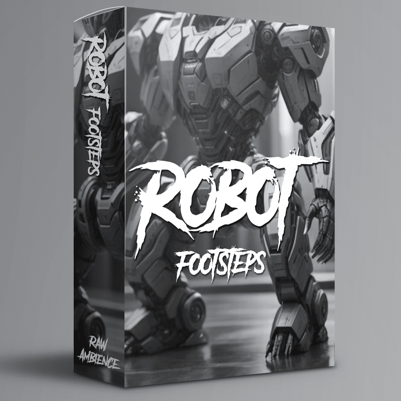 A sound effects library box labeled "Robot Footsteps" features grayscale robot legs; ideal for mechanical step sfx needs on Sonniss.
