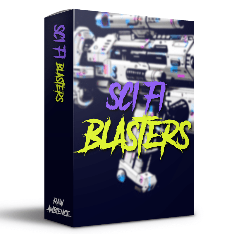 A sound effects library box showing "SCI FI BLASTERS" and a futuristic blaster—perfect for sci-fi weapon sfx producers.
