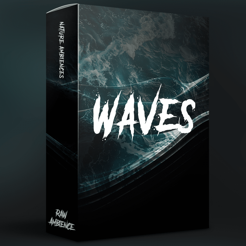 An ocean waves sound effects library product box labeled "WAVES" with nature ambience imagery on Sonniss.