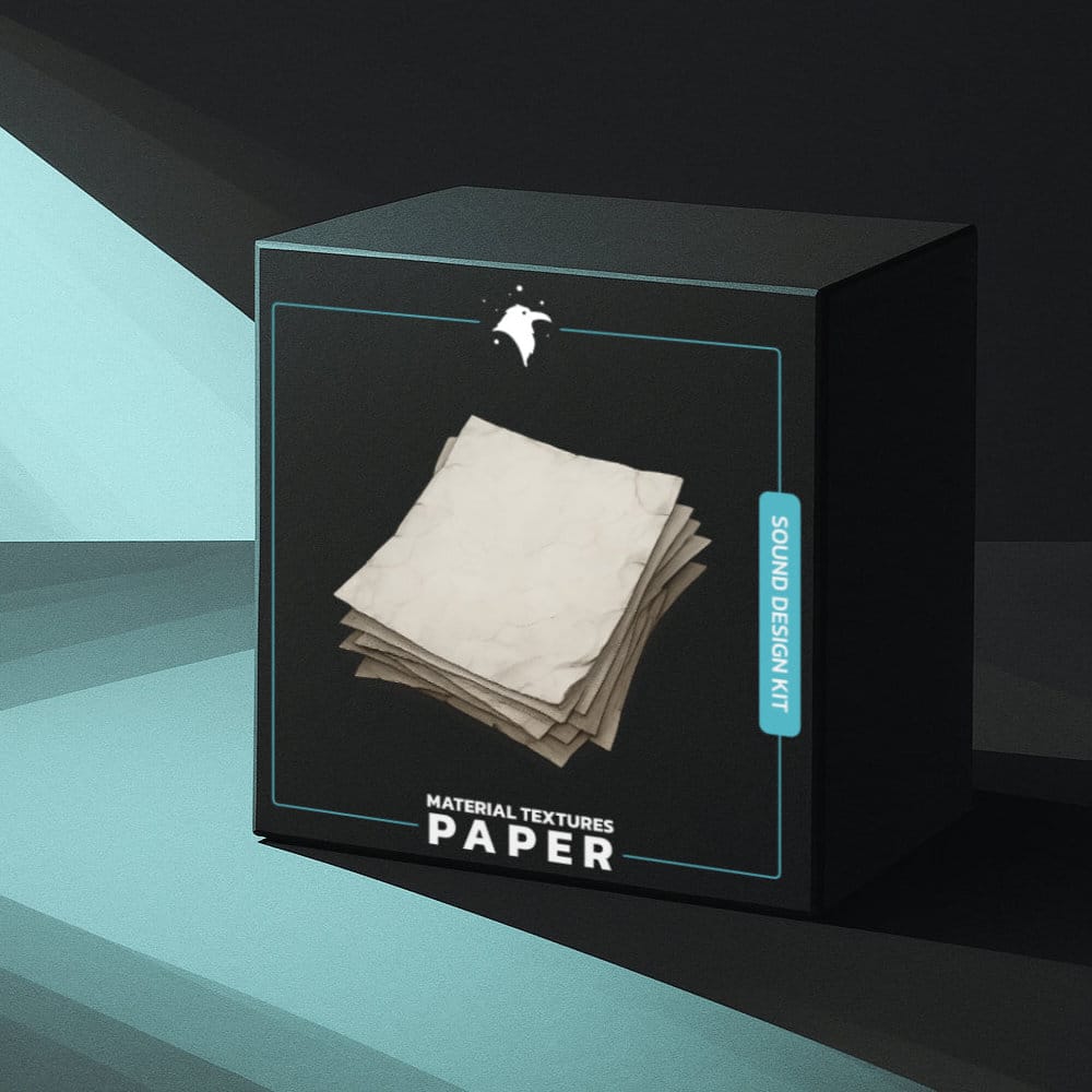 A sound effects library box labeled "Material Textures Paper" for paper rustling SFX, shown on Sonniss.