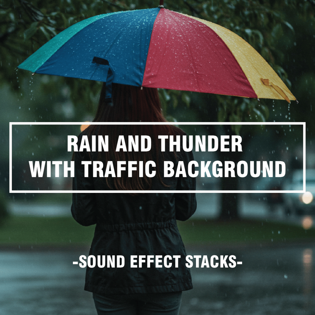 SFX library image on Sonniss: Realistic rain and thunder sound effects with city street traffic ambiance in wet weather.