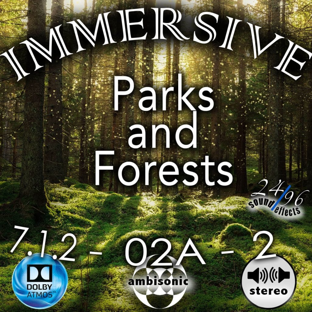 A sound effects library on Sonniss: Sunlit forest scene for immersive 7.1.2 parks & forests SFX in Atmos, O2A & Stereo formats.