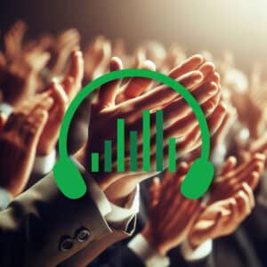 Hands clapping with green headphones and audio wave overlay, featuring an extensive sound effects library on Sonniss.