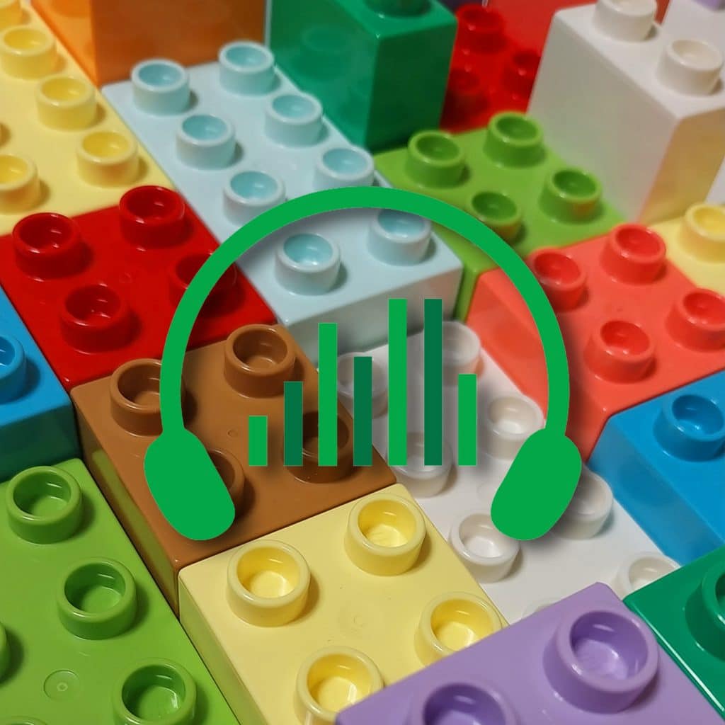 A green Lego block adorned with headphones, representing the sound effects library on Sonniss.