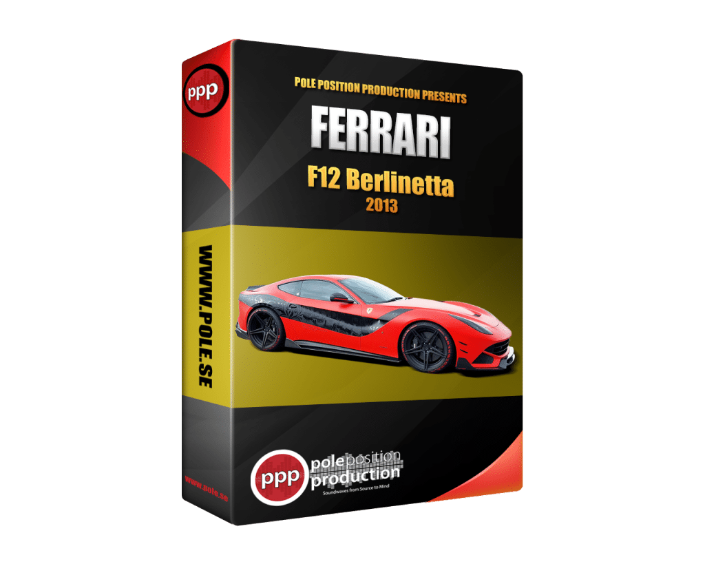 Image of a sound library product for a Ferrari F12 Berlinetta 2013 by Pole Position Production, featuring branding and car visuals.