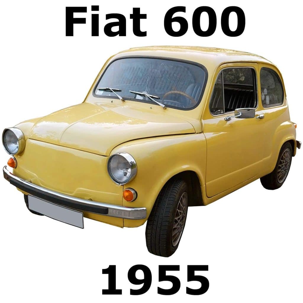 A yellow car with the words fiat 600 1955.