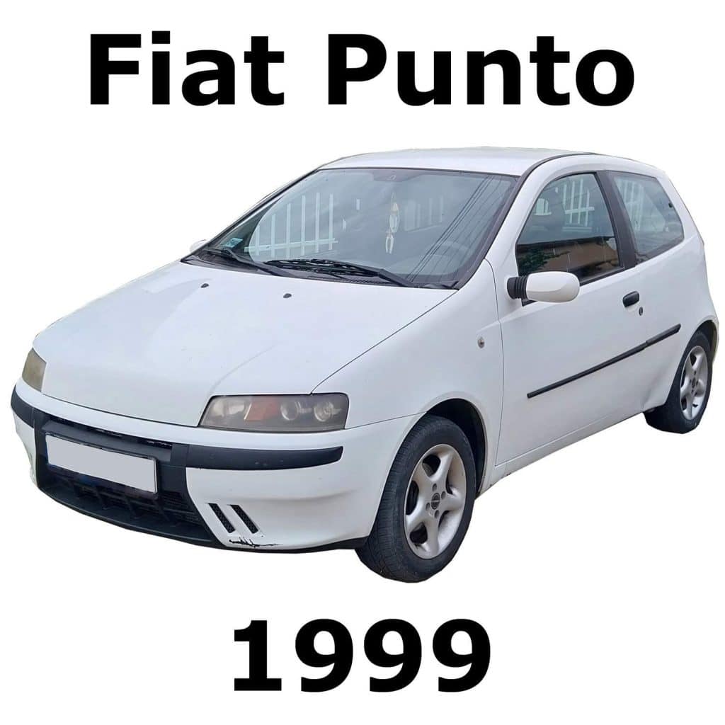 A white car with the words fiat punto 1999 on it.