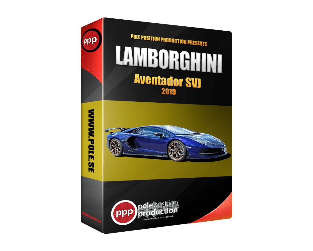 The image is of a sound effects library on Sonniss: A rectangular product box for "Pole Position Production" with a blue Lamborghini Aventador SVJ 2019.