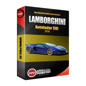 The image is of a sound effects library on Sonniss: A rectangular product box for "Pole Position Production" with a blue Lamborghini Aventador SVJ 2019.