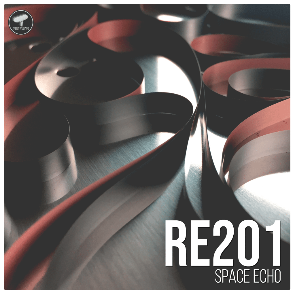 Close-up of magnetic tape loops from a tape echo machine in a vintage sound effects library on Sonniss with "RE201" text.