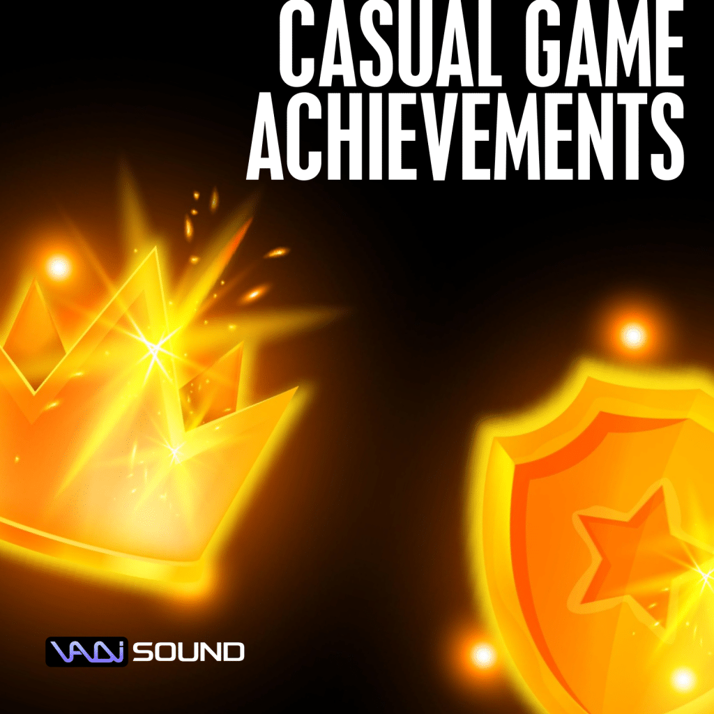 Image of a "casual game achievements" sfx library on Sonniss—perfect sound effects for rewards, crowns, and shields.