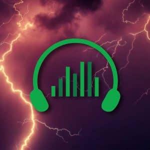 A green headphones with lightning in the background.