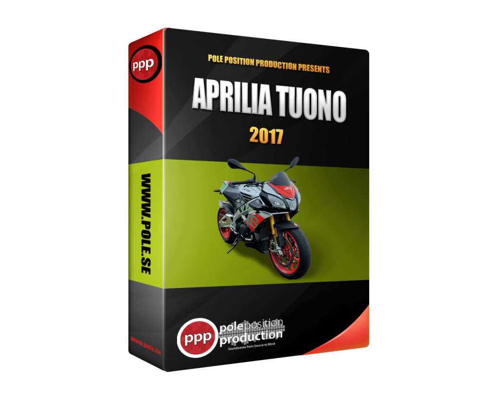 Box cover with a picture of an Aprilia Tuono motorcycle and text reading "APRILIA TUONO 2017" by Pole Position Production. Ideal for a motorbike-themed sound effects library. Visit www.pole.se