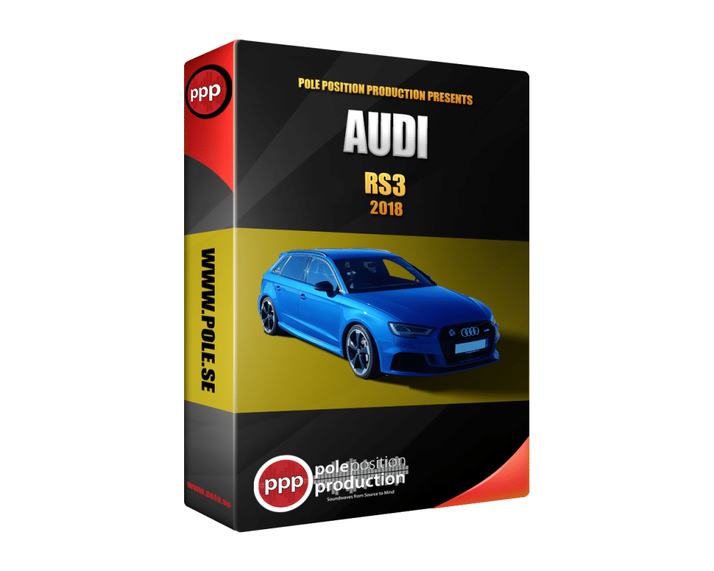 Audi RS3 2018 sound effects library box design by Pole Position Production, with a blue car on a black and yellow background.