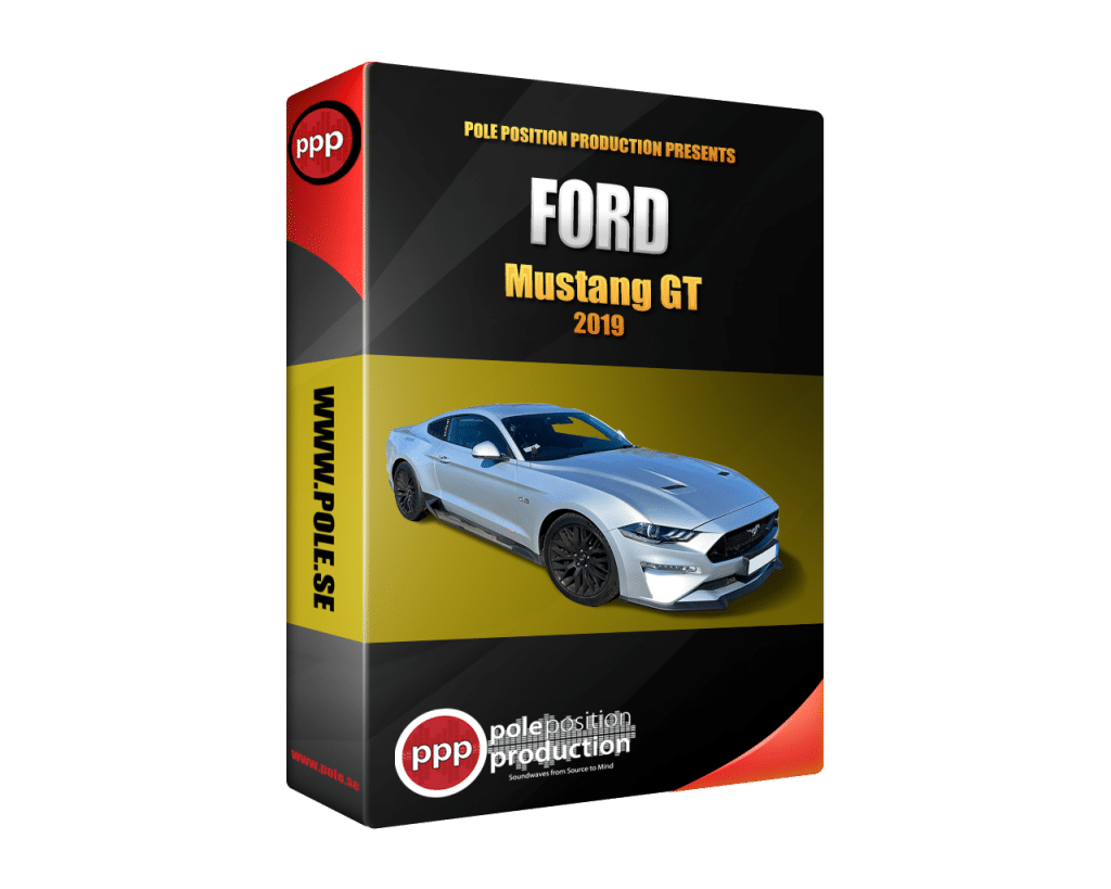 Image of a sound library displaying a silver Ford Mustang GT 2019 on the cover. Packaging features "Pole Position Production" branding and website link "WWW.PPP.SE".