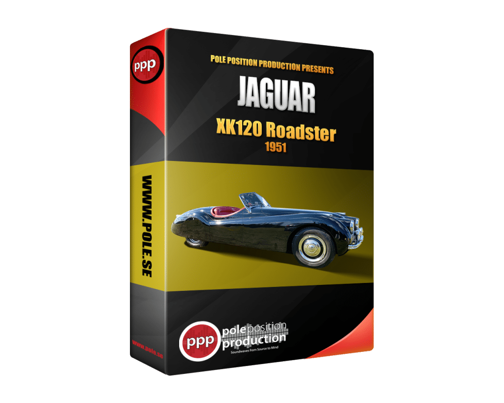 Image of a sound effects library on Sonniss, featuring the box cover for a Jaguar XK120 Roadster 1951 by Pole Position Production.