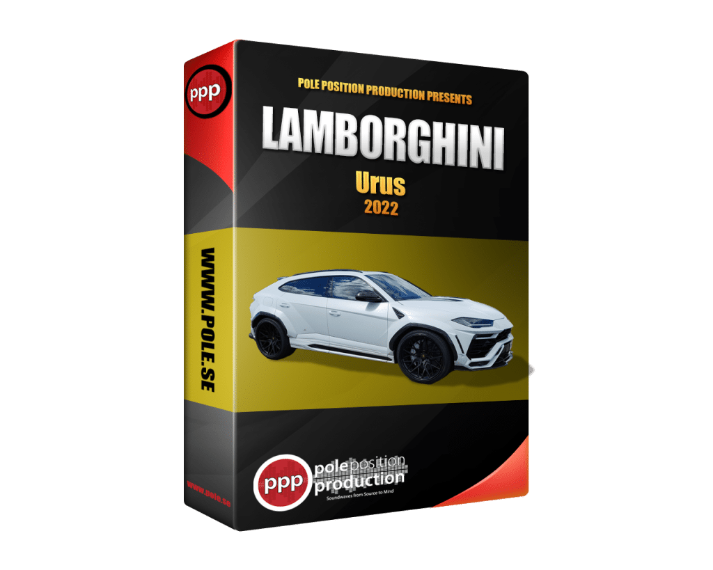 Box labeled "Lamborghini Urus 2022" presents SFX library by Pole Position Production, featuring a white Lamborghini Urus SUV on the front.