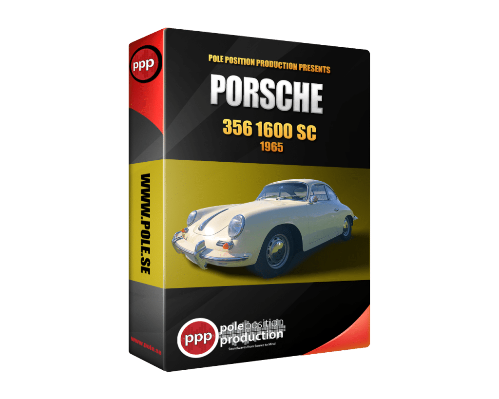 Box cover for "Porsche 356 1600 SC 1965" by Pole Position Production, featuring an image of a white vintage Porsche car from the sfx library on Sonniss. The website www.pole.se is displayed on the side.