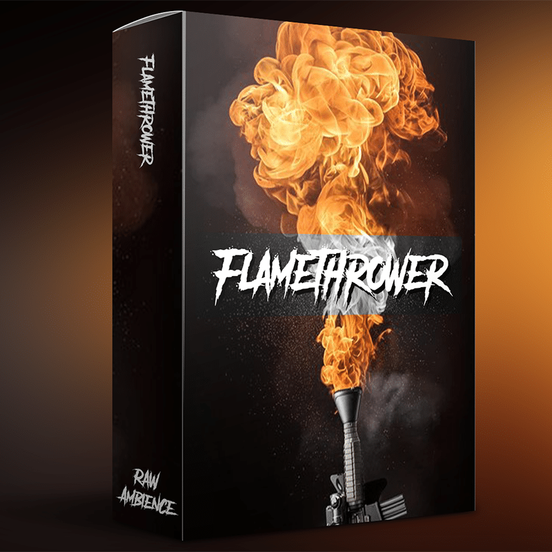 An SFX library box titled "Flamethrower," featuring intense flame sound effects, showcased on Sonniss for cinematic use.