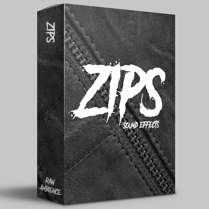 A sound effects library box labeled "ZIPS Sound Effects," featuring a zipper close-up for RAW AMBIENCE on Sonniss.