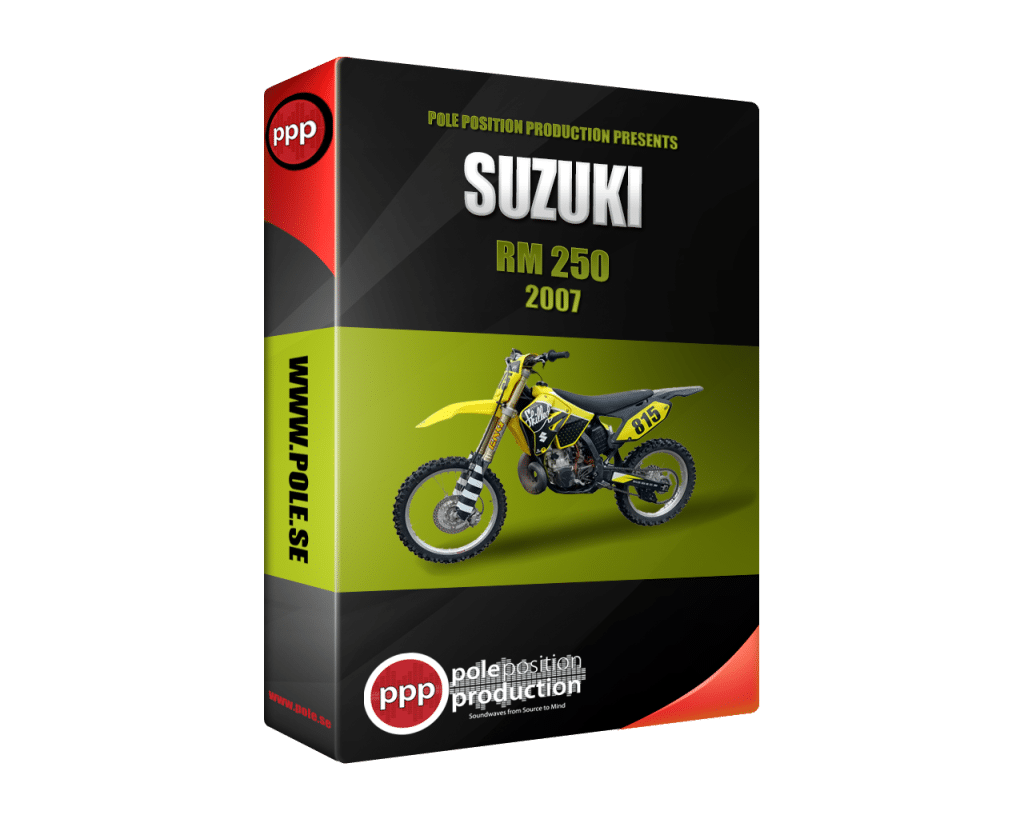 A 3D-rendered box showcasing the Suzuki RM 250 2007 by Pole Position Production. Features a yellow and black dirt bike in the sound library image on Sonniss.