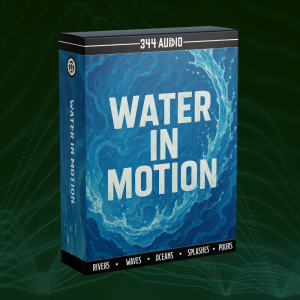 An sfx library product box on Sonniss labeled "WATER IN MOTION," featuring water sound effects like splashes and waves.