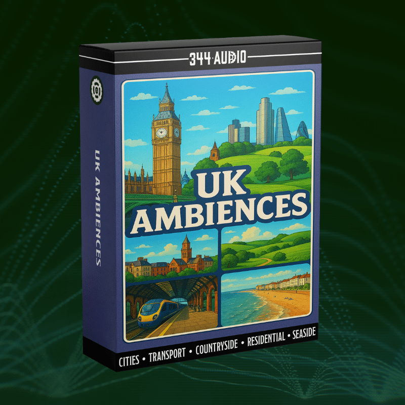 A sound effects library product box for "UK Ambiences" showing Big Ben, trains & UK city sfx on Sonniss.