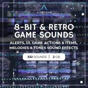 Image of a retro game sound effects library on Sonniss—532 8-bit sfx, alerts, melodies, and arcade action sounds.