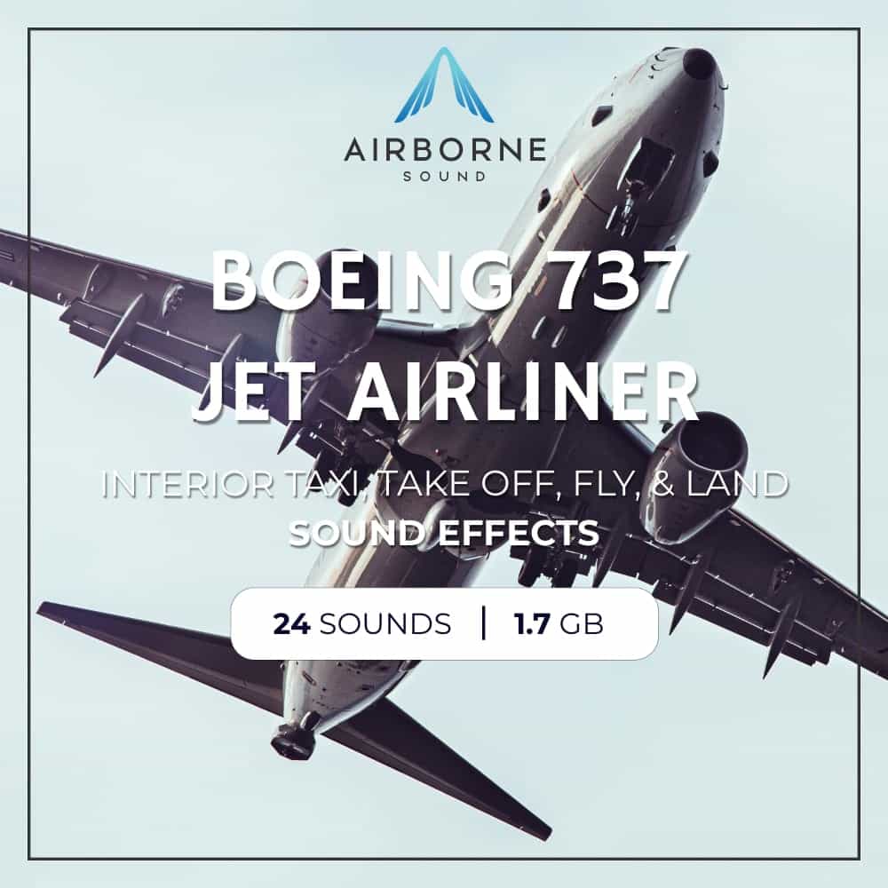 An image of a jet airliner sfx library on Sonniss featuring 24 Boeing 737 interior taxi, takeoff, fly & land sound effects.