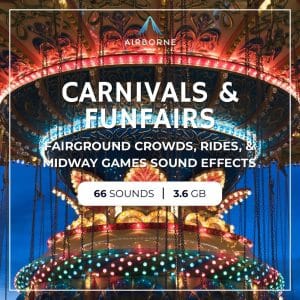 An image of a carnival and funfair sound effects library on Sonniss—66 SFX: crowds, rides & games for your sound design needs.