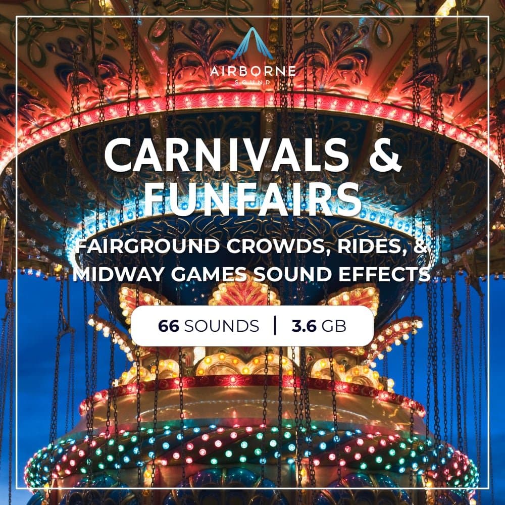An image of a carnival and funfair sound effects library on Sonniss—66 SFX: crowds, rides & games for your sound design needs.