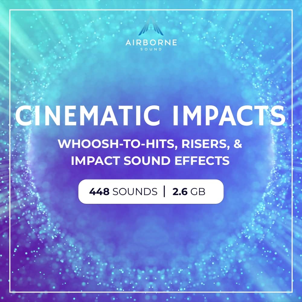Image of a cinematic sound effects library on Sonniss, featuring 448 whoosh, impact & riser sfx for dramatic projects.