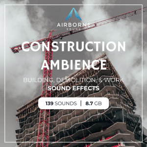 Promo image for a construction ambience sound effects library—red crane by unfinished building, perfect for urban sfx needs on Sonniss.