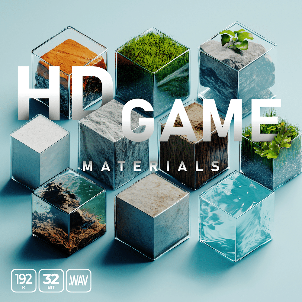 An sfx library image on Sonniss: 3D glass cubes with grass, rock, water & sand for HD game material sound effects.