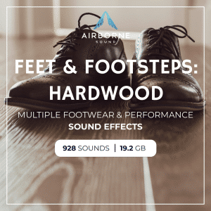 Close-up of brown leather dress shoes on hardwood, promoting footsteps sfx library image on Sonniss for realistic sound effects.