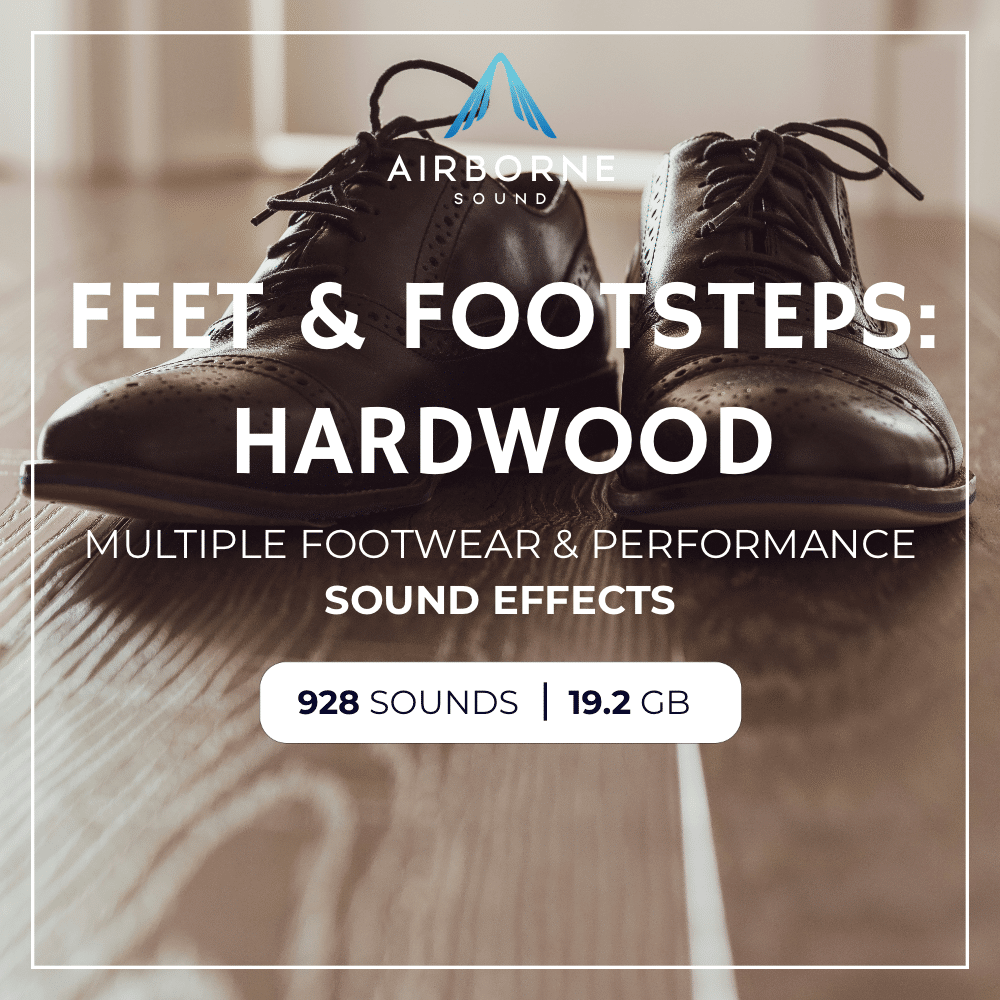 Close-up of brown leather dress shoes on hardwood, promoting footsteps sfx library image on Sonniss for realistic sound effects.