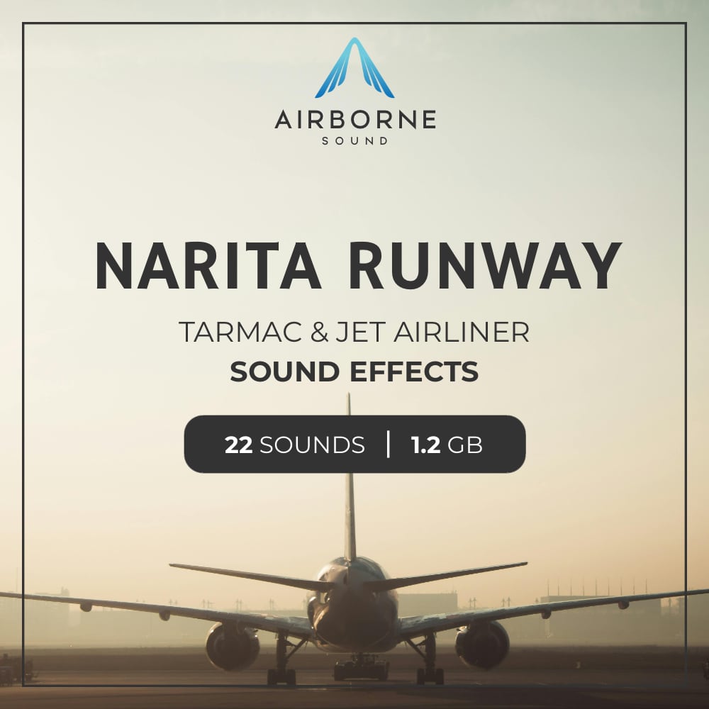 A jet airliner at sunrise on Sonniss's sound effects library cover for Narita Runway—22 runway sfx, 1.2GB download.