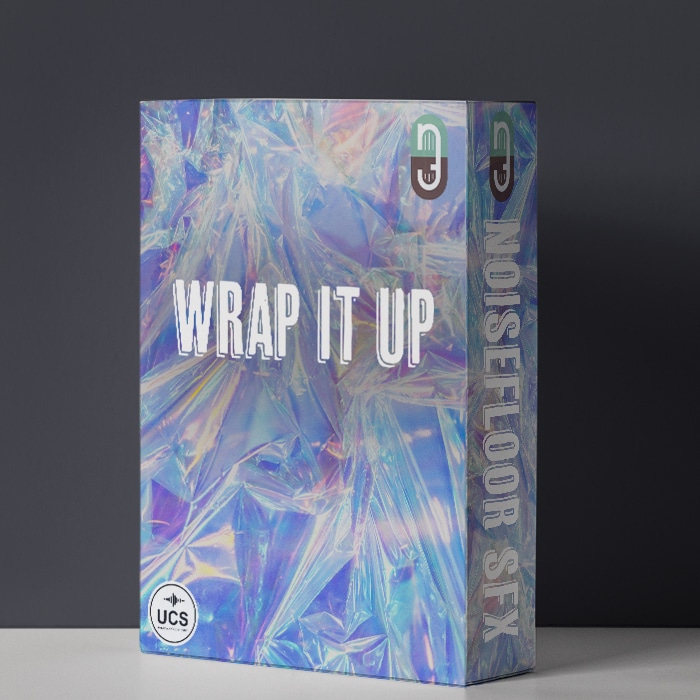 A sound effects library product box with iridescent wrap design, "WRAP IT UP" and sfx logos, on Sonniss.