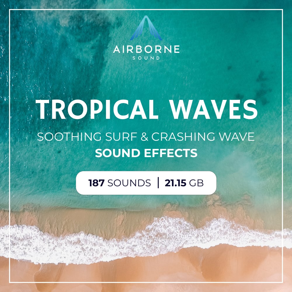 Aerial view of ocean waves crashing on sand showcases "Tropical Waves" sfx library on Sonniss—187 beach sound effects.