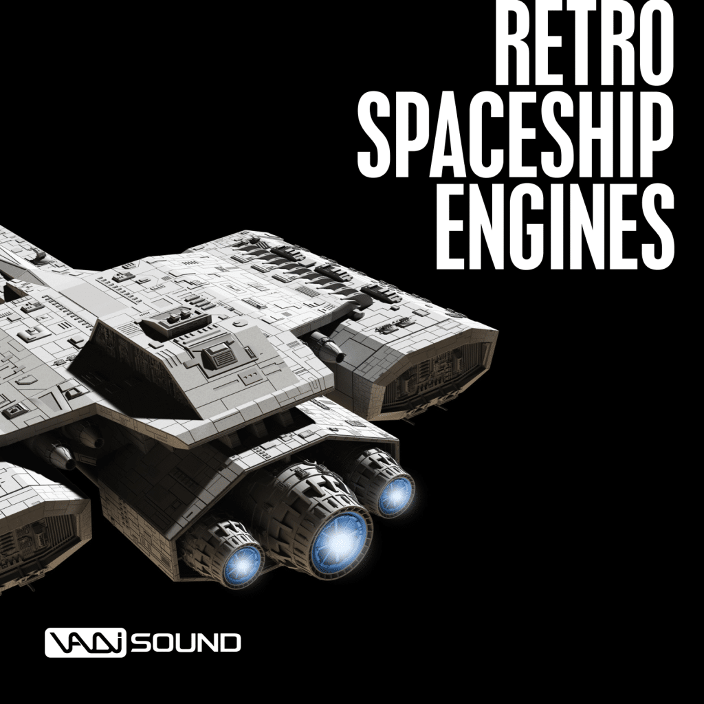 An epic SFX library image on Sonniss: Retro spaceship engine sound effects, glowing blue engines in deep space.
