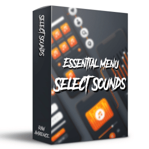 A sound effects library box labeled "Essential Menu Select Sounds" with blurred orange and black digital UI buttons on Sonniss.