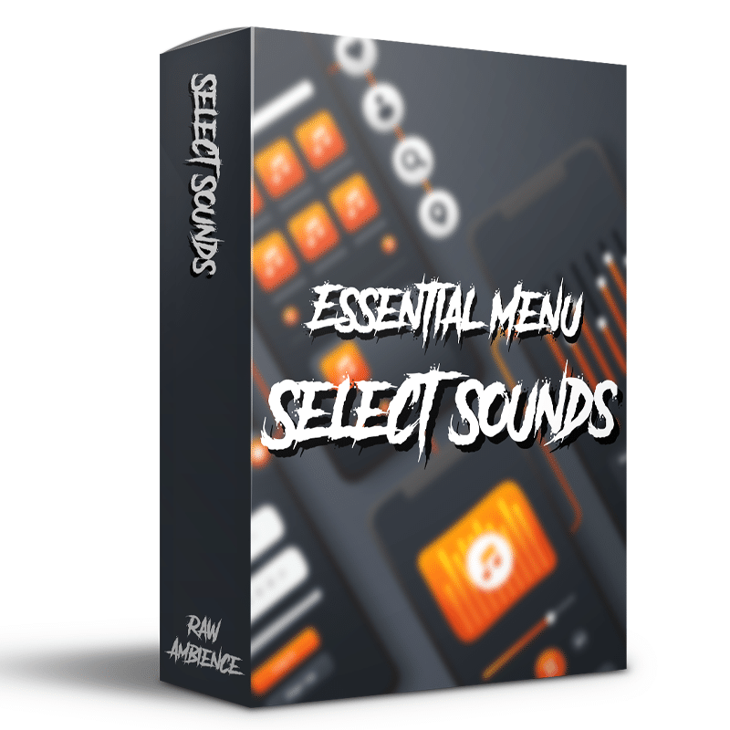 A sound effects library box labeled "Essential Menu Select Sounds" with blurred orange and black digital UI buttons on Sonniss.