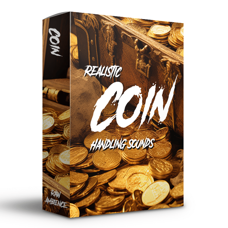 A sound effects library box labeled "Realistic Coin Handling Sounds," with gold coins and a treasure chest on Sonniss.