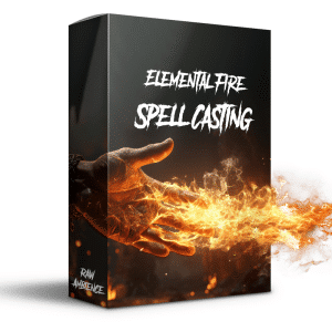 An sfx library product box, "Elemental Fire Spell Casting," shows a hand casting fire for fantasy magic sound effects.