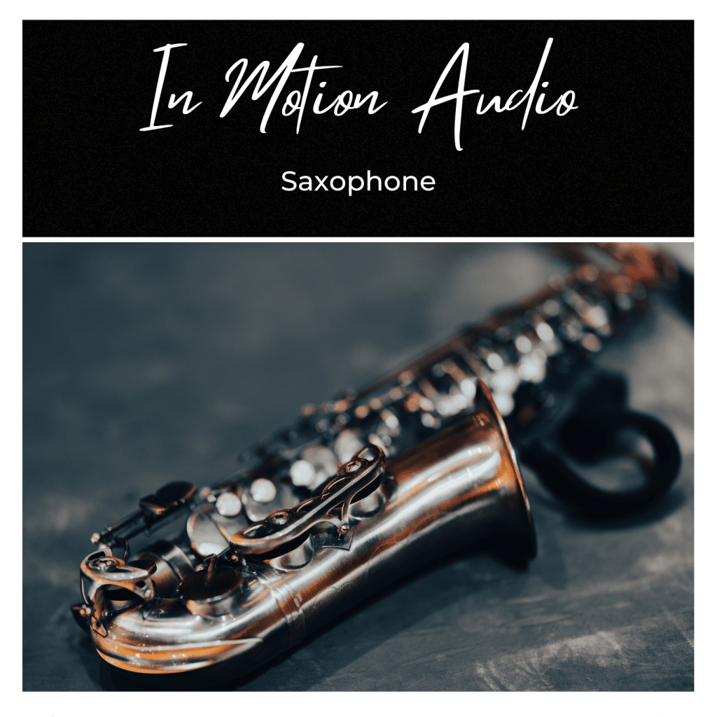 A close-up of a saxophone, perfect for jazz instrument sound effects library needs, on Sonniss. "In Motion Audio Saxophone" shown.