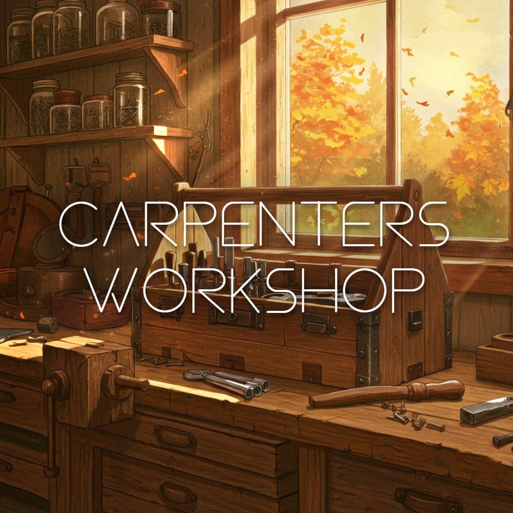 A carpentry workshop SFX library on Sonniss: toolbox, hand tools, woodwork sounds; "Carpenter’s Workshop" text shown.