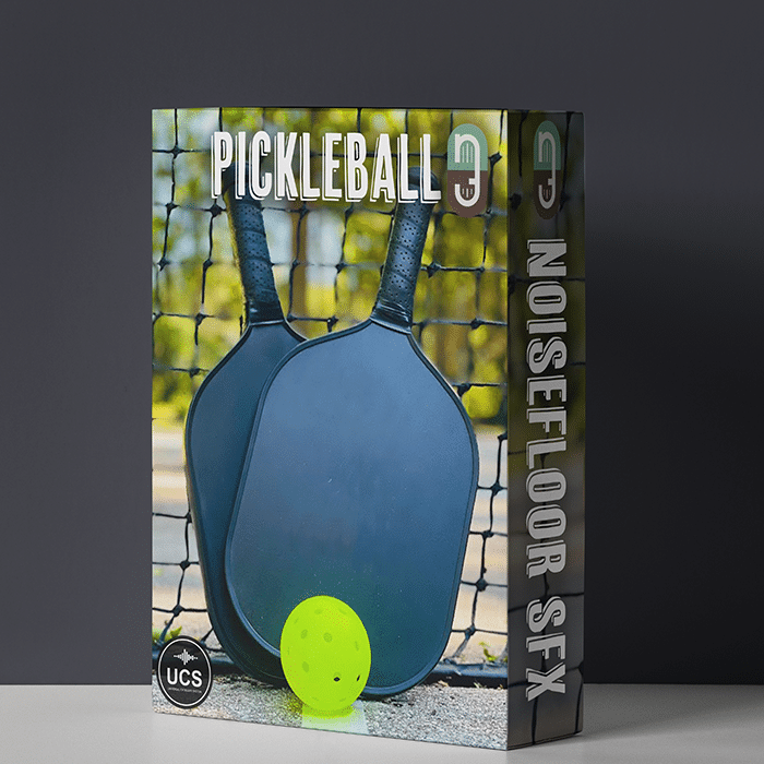 A sound effects library box for pickleball, with paddles, ball, and net shown; labeled “NOISEFLOOR SFX” on Sonniss.