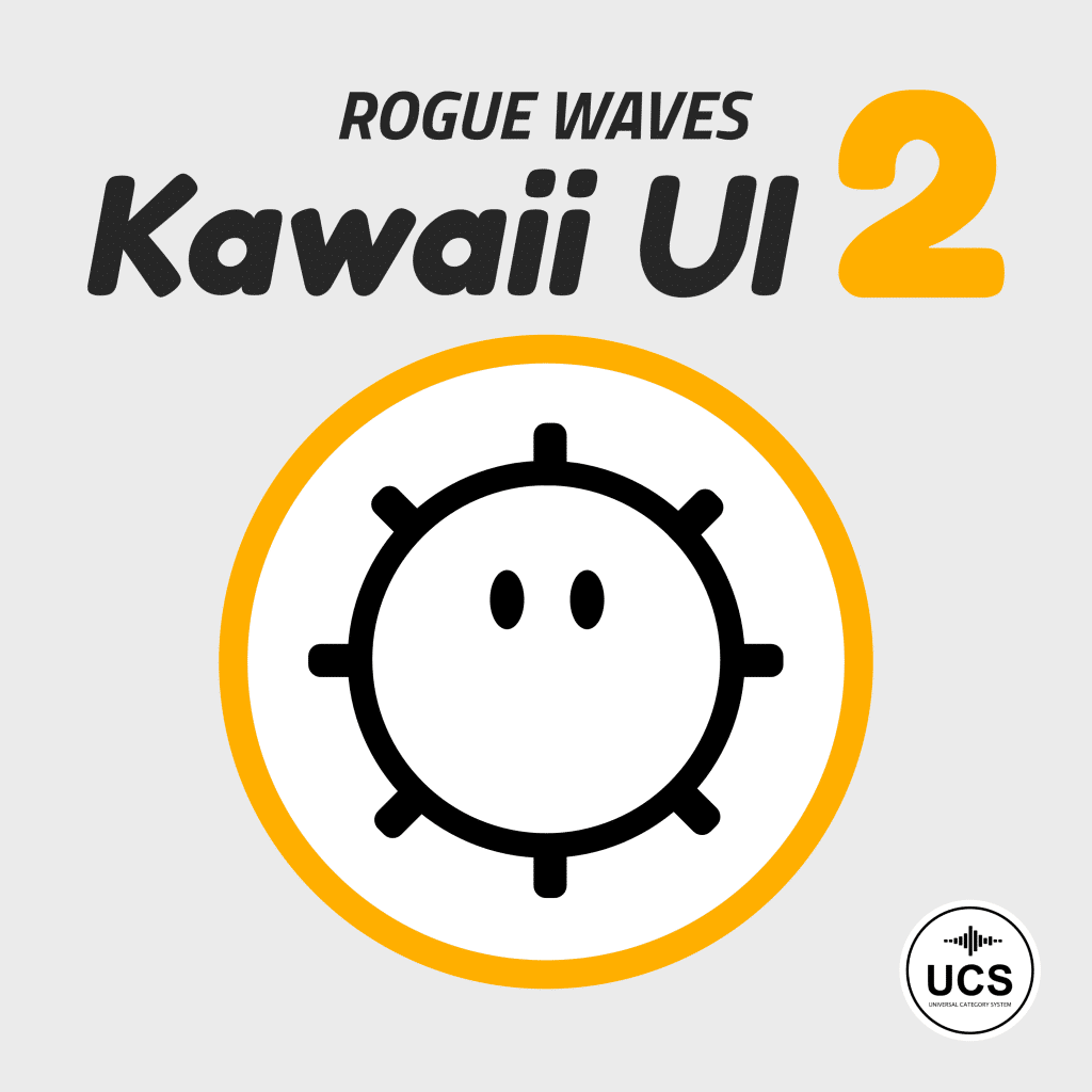 Rogue Waves Kawaii UI 2 sfx library cover on Sonniss: cute circular spiked icon in yellow ring, UCS logo bottom right.