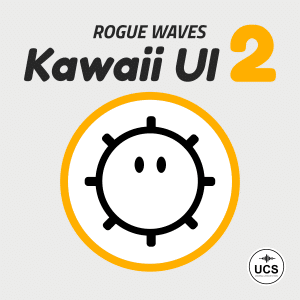 Rogue Waves Kawaii UI 2 sfx library cover on Sonniss: cute circular spiked icon in yellow ring, UCS logo bottom right.