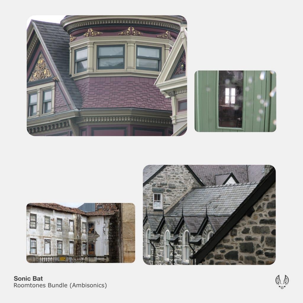 A collage of house exteriors for Sonniss home ambience sound effects library: Victorian, stone styles, rooftops, windows.